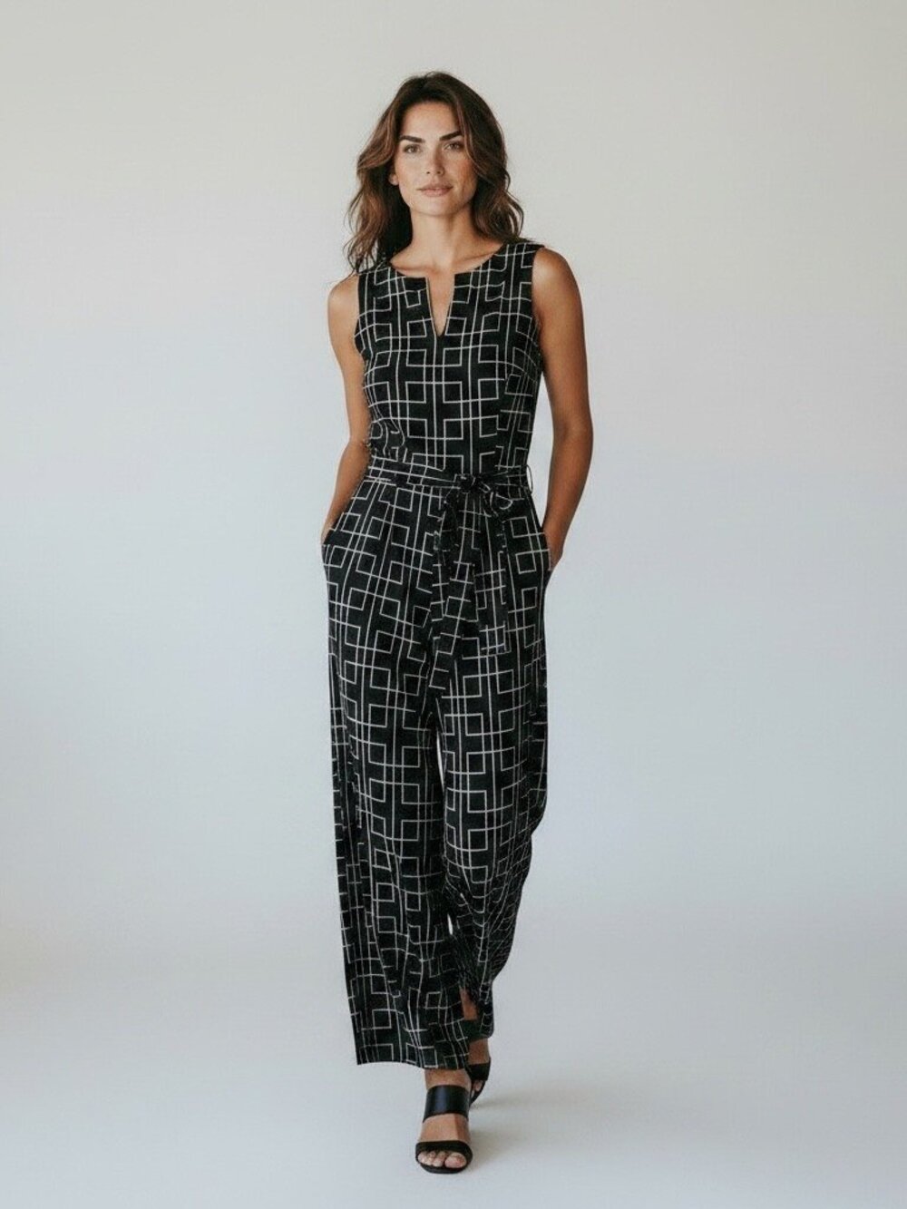 Ann Taylor Linen Blend Belted Sleeveless Jumpsuit Black Print Size 4 NEW